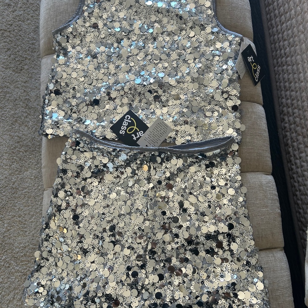 Art Class Girls Sequin Tank Top & Skirt Set Silver Size M 8 NWT